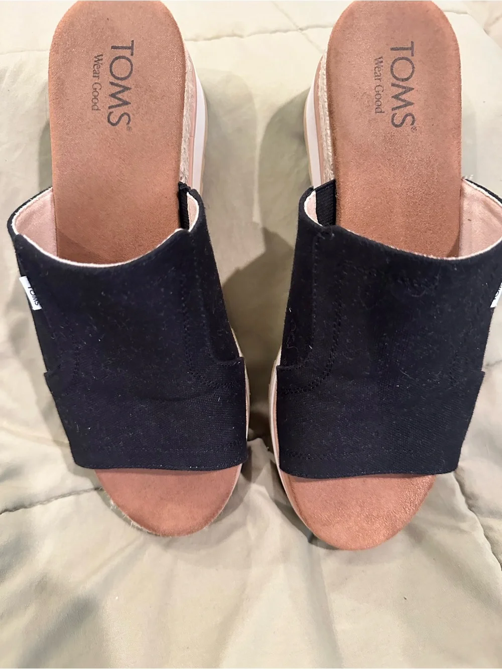 Toms Black Espadrille Platform Wedge Slide Sandals